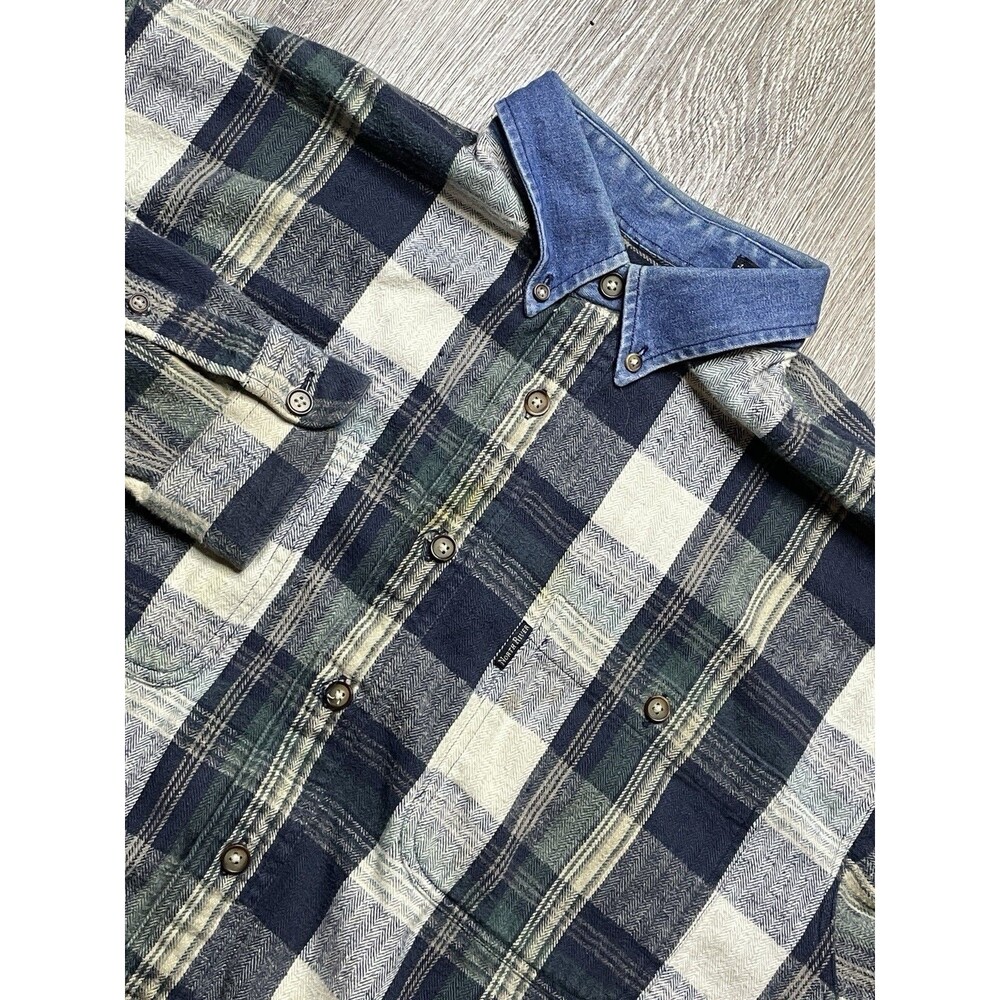 North River Flannel Plaid Button-Up Shirt, Pockets, Blue Green, Men’s L Vintage